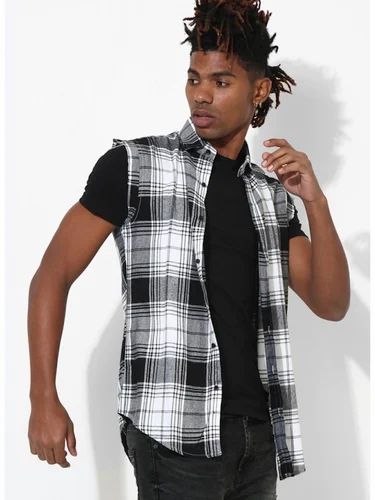Checks Check Black White Sleeveless Men Casual Cotton Shirt