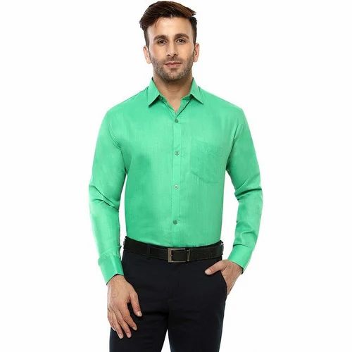 Plain Green Mens Collar Neck Formal Shirt