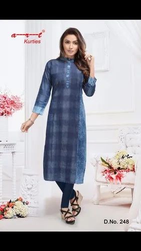 Cotton Printed Ladies Fancy Denim Kurti