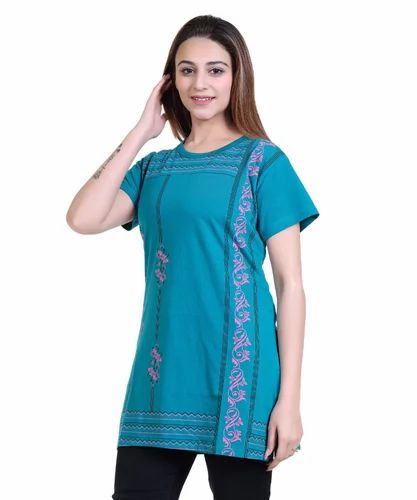 Blue Cotton Ladies Long T Shirt