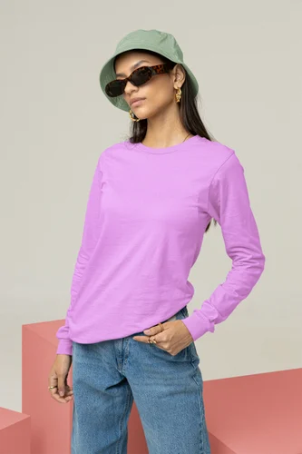 Casual Wear Women Lavender Full Sleeve Cotton T Shirt, Size: Medium