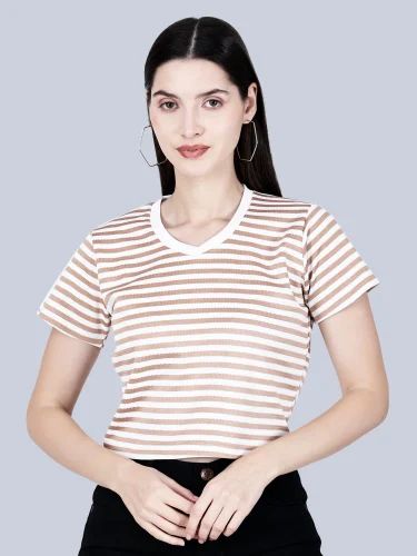 Casual Wear Orange V-Neck Half Sleeve Woman T Shirt Top, Size: Medium