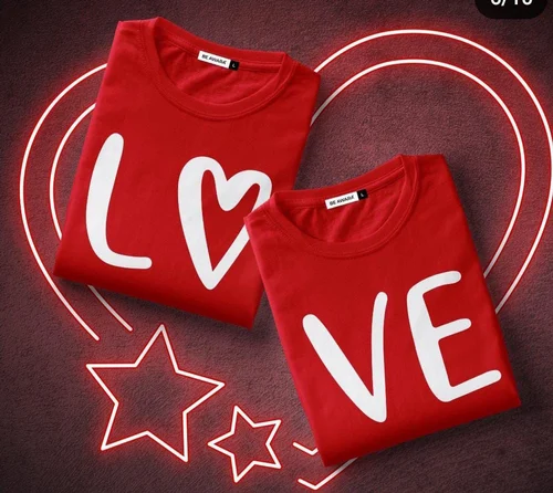 Couple T-Shirts - Cotton Round Neck Half Sleeve DTF Printed Love Heart Theme (Pair)