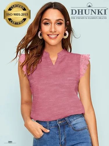 Dhunki Plain Ladies Sleeveless cotton shirt, Casual