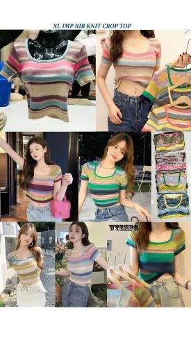 Ribbed Material Ladies T Shirt, women strips tshirt, knitted half sleeves tshirt