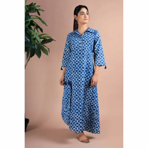 Printed Indigo Coloured Dabu Print A-Line Kurti With Collar, Cotton, Length: Knee Length