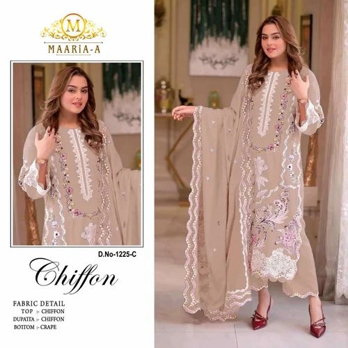 Unstitched Pakistani Suit Chiffon With Embroidery Boring Work With Moti, 3 Piece