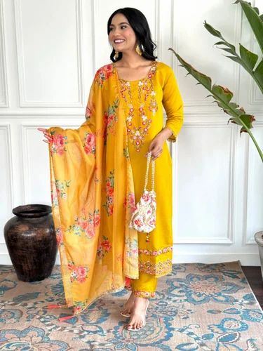 3 piece Kurti Set Pure Viscose Chinon Silk With Embroidery Work