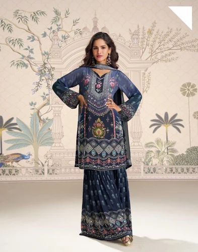 Readymade Sayuri Designer Kirti Sharara Suit With Mirror Handwork work, Heavy Crep Silk
