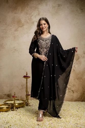 3 piece Kurtis Set Pure Vichitra Silk With Embroidery Sequence Work