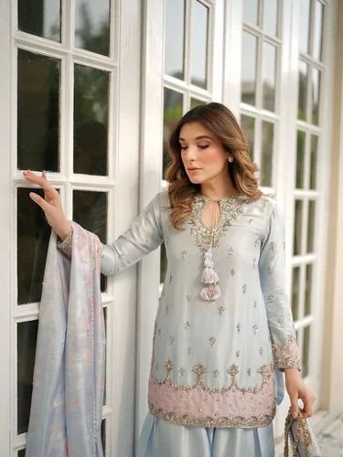 Silk Party Wear Designer Suits, Work: Embroidery, Readymade