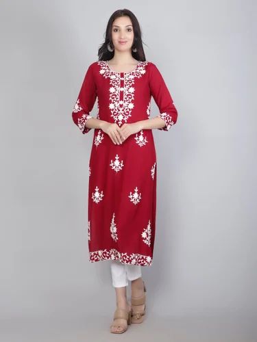 Rayon Office Wear Long straight Cut Lucknowi Chikankari Work Kurti