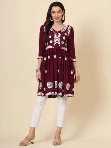 Readymade rayon Lucknowi Chickankari Work Kurti