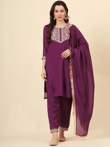 Embroidered Daily Wear Vichitra Silk Readymade Suit