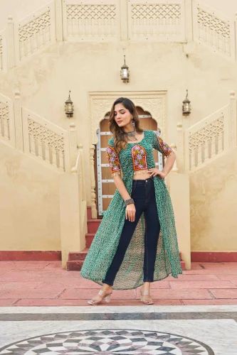 Faux Georgette Bandhani Print Kurti with Kutchi Patchwork Navratri Festive Collection