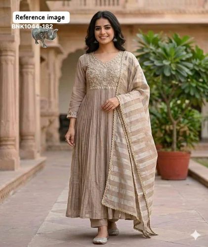 Ocassional Wear Best Quality Mal Chanderi with Zardosi & Bead-Hand Work Kurti-Pant & Dupatta Set