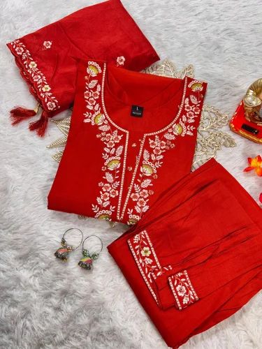 New Elengance Banana Silk With Embroidery Kurti Pant And Dupatta