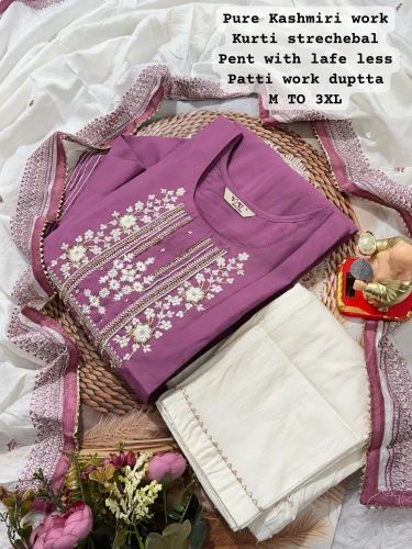 Trendy and Comfortable Pure Muslin With Kashmiri embroidery work Kurti Pant And Dupatta