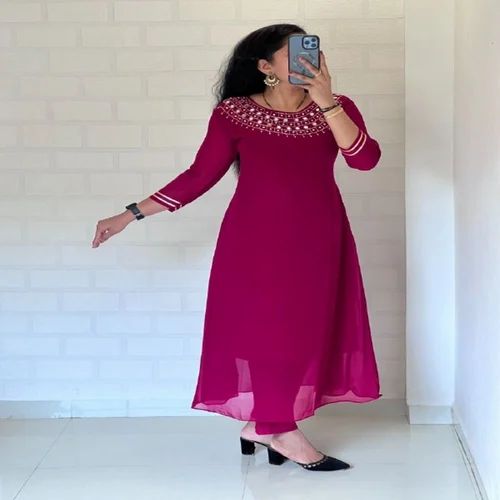 New Elegance Dressing Trend Blooming Georgette With Mirror And Gota Patti Work Kurti Pant