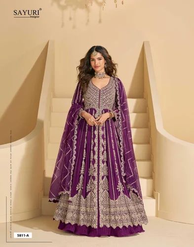 Designer Fancy Chinon Silk With Embroidery Suit