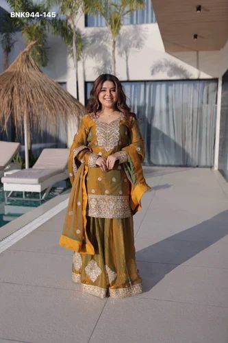 Elegant Look Excellent Quality Fancy Chiffon with Sequins Embroidered work Sharara-Top & Dupatta Set