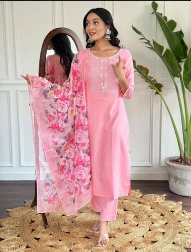 Straight Premium Quality Rayon Slub With Embroidery Kurti Pant And Dupatta