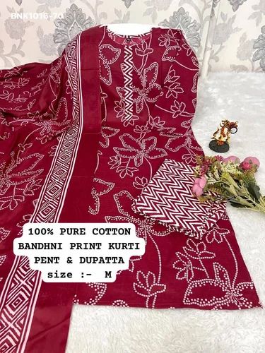 New Arrival Top Quality Ocassional Wear Cotton with Battik Print Kurti-Pant & Dupatta Set