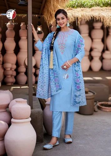 Casual Wear Viscose With Aari Work Kurti Pant And Dupatta