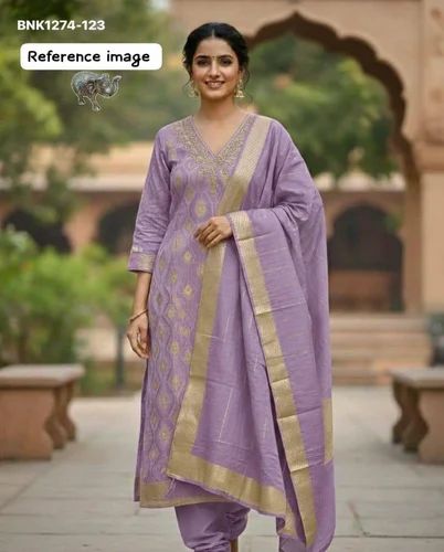 Premium Quality New Arrival Banarasi Silk with Weaving Design & Neckline-Work Kurti-Pant & Dupatta