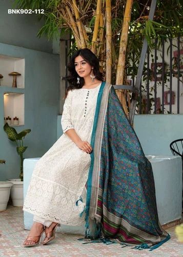 Occasional Wear Best Quality Chikankari Cotton with Embroidered Kurti-Pant & Dupatta Set