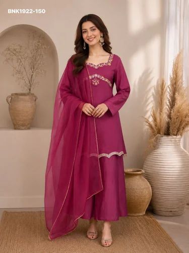 High Quality Zazu Silk with Thread-Embroidery & Sequence work & Full-Sleeve Kurti-Plazzo-Dupatta