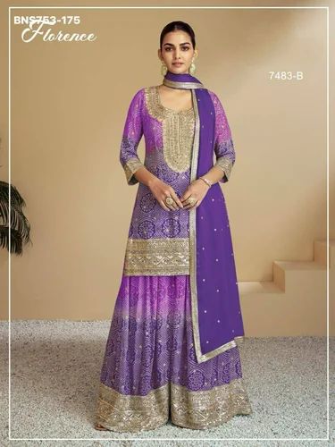 Premium Quality Heavy Chinon with Thread-Jari & Sequence Embroidered Sharara-Top & Dupatta Set