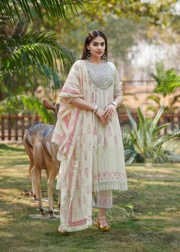 Pure Cotton Anarkali Kuti Pant & Dupatta With Heavy Embroidery Work