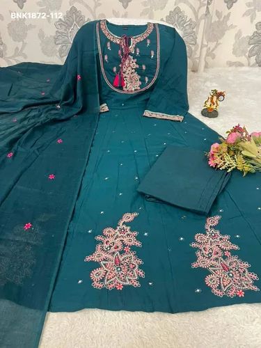 Top Quality Pure Cotton with Thread-Embroidery work Readymade Long Anarkali Kurti-Pant-Dupatta