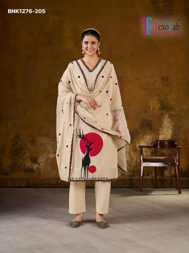 Elegant Look Best Fabric Handloom Cotton with Embroidered Kurti-Pant & Dupatta Collection