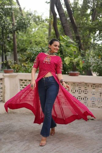 Festival wear Faux Georgette with Bandhani Print & Kutchhi work Patches & Front to Side Slit Kurti