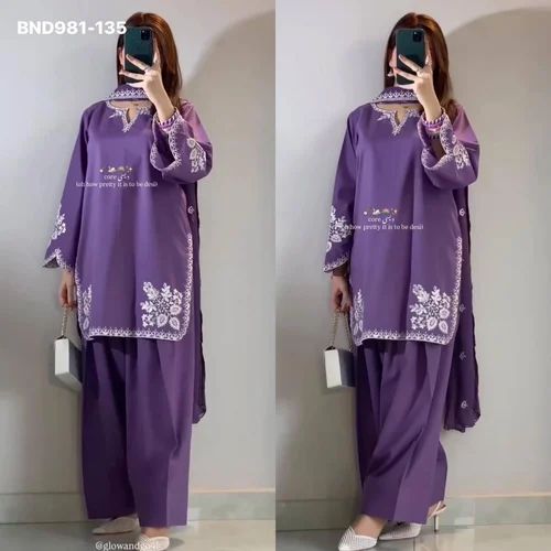 Designer Roman Cotton with Embroidered Readymade Purple Farshi Salwar-Suit & Dupatta Set