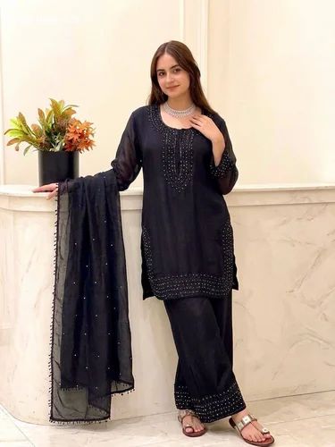 Top Quality Fancy Silk with Embroidery Beads Work Readymade Full-Sleeve Black Kurti-Pant-Dupatta