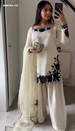 Gorgeous Looking Fancy Silk with Embroidery Thread Work Farshi Pant-Kurta & Dupatta Set