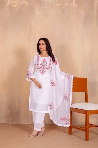 Premium Quality Heavy Faux Georgette With Embroidery Work Kurti Pant With Dupatta