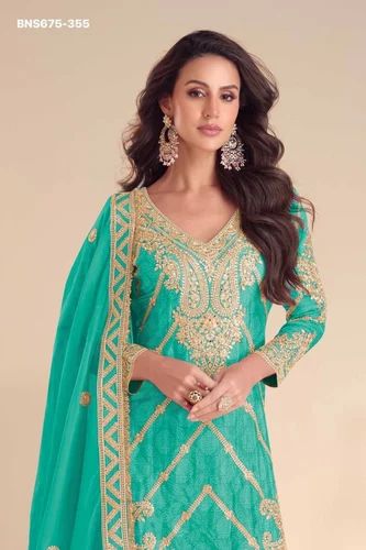 High Quality Party Wear Chinon Digital with Embroidery & Hand work Top Plazzo & Dupatta Set