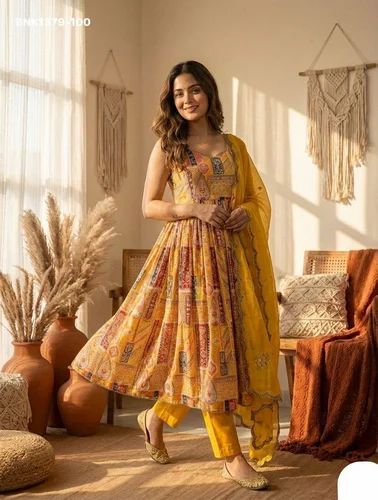 Top Quality Modal Satin with Printed Design- Round Flared Readymade Sleeve-less Kurti-Pant & Dupatta