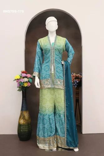 Festival Wear Digital Multi Colour Chinon with Sequence Embroidered Sharara-Top & Dupatta Set