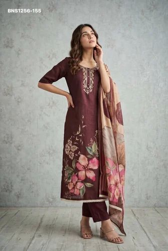Premium Quality Cotton Linen with Yok-Handwork & Simmar Print Readymade Long Kurti-Pant-Dupatta
