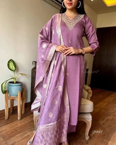 Party Wear Fashionable Roman Viscose Silk With Embroidery Kurti Pant And Dupatta