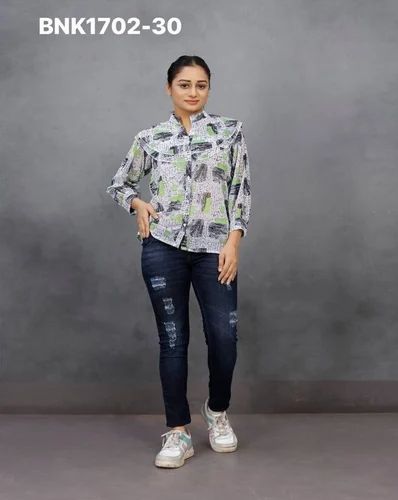 Modern Style Georgette with Printed Design Bell Full-Sleeve & Yoke Frill Pattern Transparent Shirt