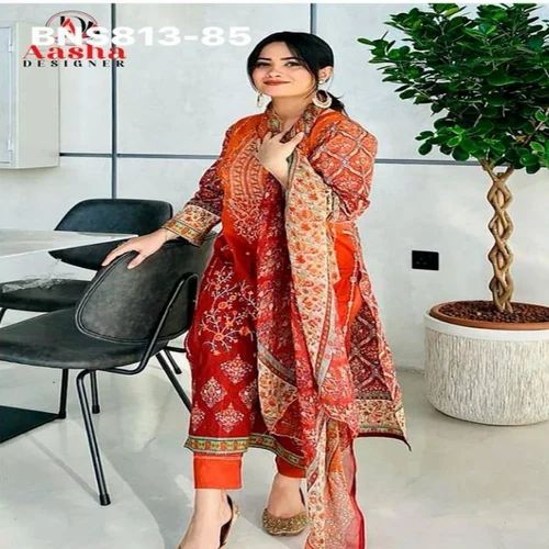 Best Fabric Ocassional Wear Cotton with Printed & Embroidered Salwaar-Suit Set