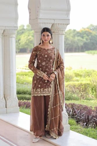 Embroidery Ladies Designer Sharara Suit, Fendi Silk
