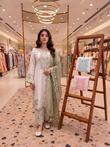:PurRoman Glass New Party Wear Designer Suits, Readymade, Work: Embroidery