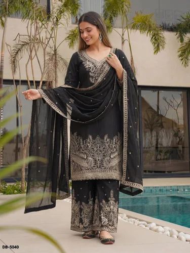 Readymade Embroidery Designer Sharara Suit, Chinon Silk